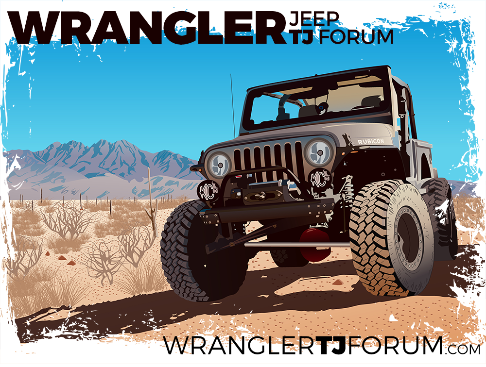 Jeep Wrangler illustration shown against a desert background. 