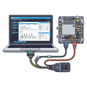 Illustration showing a laptop computer hooked up to a automotive ECU to diagnose it.